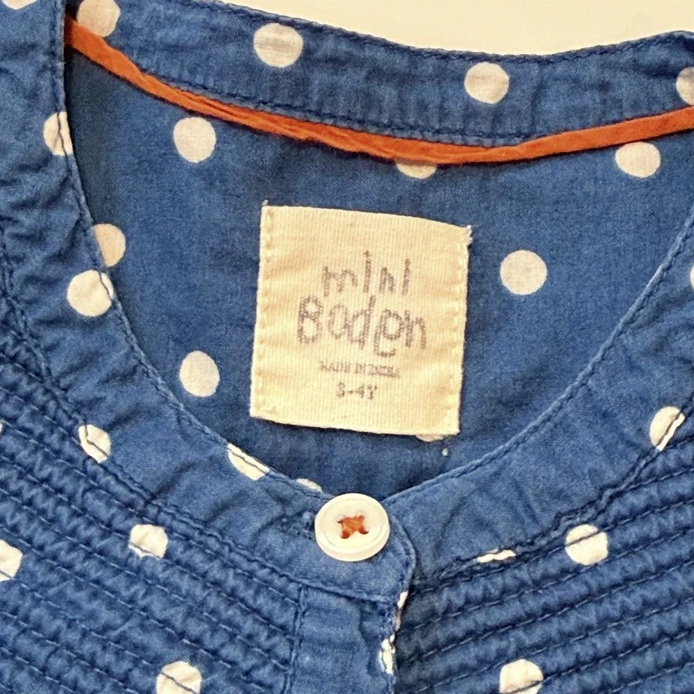 Mini Boden Girls Blue Polka Dot Pintuck Tunic Top 3-4 Preppy School Colorful